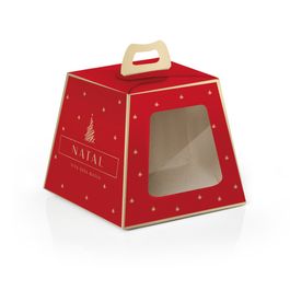 Caixa Panetone Com Visor Lines Vermelho / Marfim / Ouro