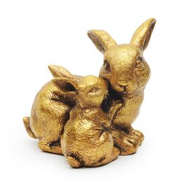 Coelho Decorativo de Resina com Filhote Dourado