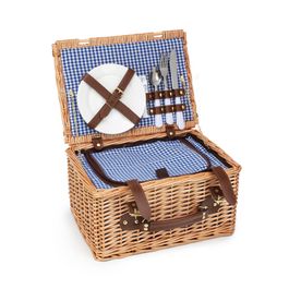Kit Piquenique Para 2 Pessoas Com 12 Peças Bambu Natural / Azul / Branco