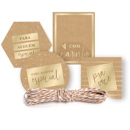Kit Fechamento Para Presente Kraft Mensagens Com Hot Stamping Ouro / Pardo