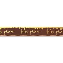 Fita De Cetim Com Hot Stamping Feliz Pascoa Marrom / Ouro