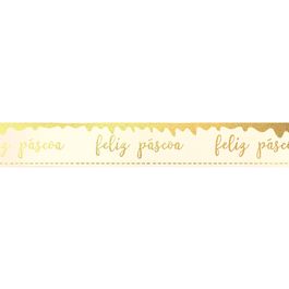 Fita De Cetim Com Hot Stamping Feliz Pascoa Marfim / Ouro
