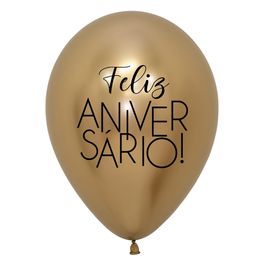 Látex Redondo Reflex Decorado Feliz Aniversário Dourado