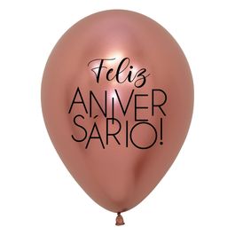 Látex Redondo Reflex Decorado Feliz Aniversário Rose Gold