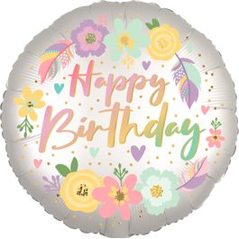 Metalizado Redondo Happy Birthday Flowers Branco