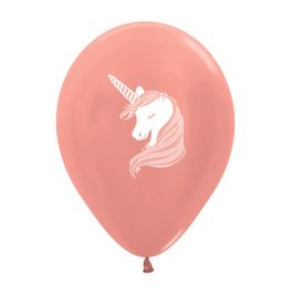 Látex Redondo Metal Decorado Silhueta Unicórnio Rose Gold / Branco