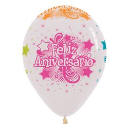 Látex Redondo Neon Decorado Feliz Aniversário Branco