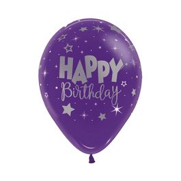 Látex Redondo Cristal Decorado Happy Birthday Radiante Roxo / Branco
