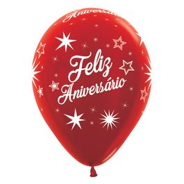 Látex Redondo Metal Decorado Feliz Aniversário Vermelho
