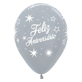 Látex Redondo Satin Decorado Feliz Aniversário Prata