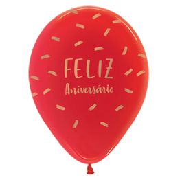 Látex Redondo Cristal Decorado Feliz Aniversário Vermelho