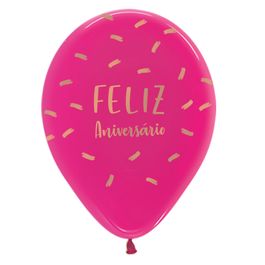Látex Redondo Cristal Decorado Feliz Aniversário Rosa Fúcsia