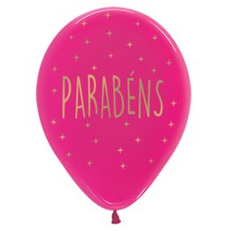 Látex Redondo Cristal Decorado Parabéns Rosa Fúcsia