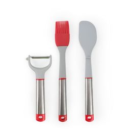 Espátula, Pincel E Descascador Silicone Multiuso Prata E Vermelho