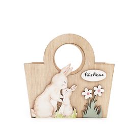 Cesta Decorativa de Madeira c/ Coelhos - Marrom (Fun)