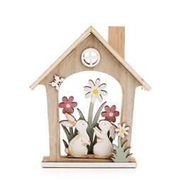 Casa Decorativa de Madeira c/ Coelhos e Flores - Marrom / Vermelho / Branco (Fun)