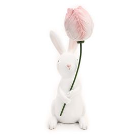 Coelho Decorativo de Resina c/ Flor Branco / Rosa (Flower)