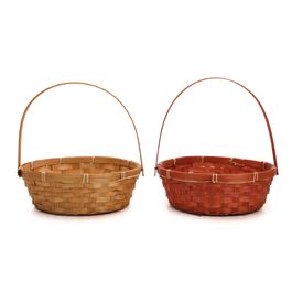 Cesta Decorativa de Bambu Redonda c/ Alça Dobrável - Marrom / Vermelho