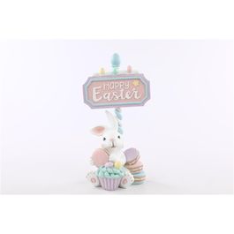 Coelho Decorativo Placa Happy Easter cor Branco/Rosa/Azul (Pastries)