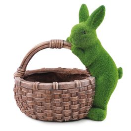 Coelho Decorativo com Cesta Grama cor Verde/Marrom (Mesh)