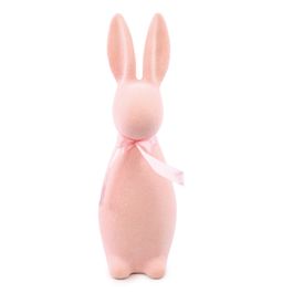 Coelho Decorativo Flocado com Laço cor Rosa (Flocked)
