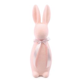 Coelho Decorativo Flocado com Laço cor Rosa (Flocked)