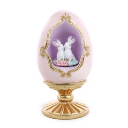 Ovo Decorativo de Resina c/ Coelhos - Rosa / Dourado (Cute Family)