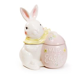 Coelho Decorativo com Tampa cor Branco/Rosa (Cerâmica Sweet)