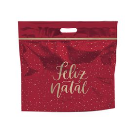 Sacola Laminada Metalizada Com Zíper Feliz Natal Vermelho / Ouro