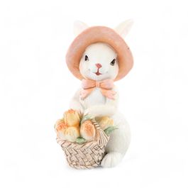 Coelho Decorativo com Chápeu e Flores cor Branco/Salmão (La Belle)