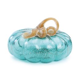 Decorativo Abóbora Vidro Azul Turquesa / Dourado