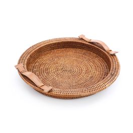 Bandeja Redonda Com Alça De Couro Rattan Natural