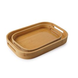 Bandeja Retangular Com Alça Jogo C/ 2 Peças Bambu Natural