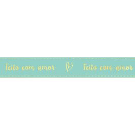 Fita De Cetim Com Hot Stamping Feito Com Amor Verde Água