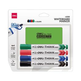 Kit Marcadores Quadro Branco  e Apagador Magnético - Ponta Bullet 2.0mm - 4 Cores -    Blister