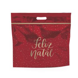 Sacola Laminada Metalizada Com Zíper Feliz Natal Vermelho / Ouro