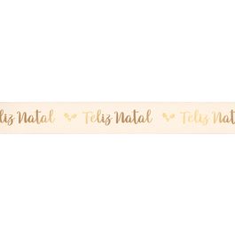 Fita De Cetim Com Hot Stamping Feliz Natal Marfim