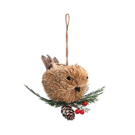 Enfeite Pendurar Pássaro Com Folhas E Pinhas Marrom
