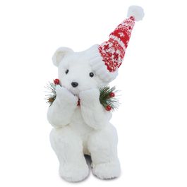 Urso Decorativo Sentado Com Gorro Branco/Vermelho