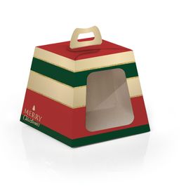 Caixa Panetone com Visor Sofisticação Vermelho/Ouro/Verde PT C/10