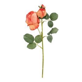 Rosa Decorativa c/ Folhas - Laranja / Verde (Flores e Galhos Permanentes)