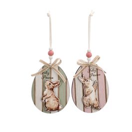 Enfeites De Pendurar De Madeira Sortidos Ovo Listrado Rosa / Verde / Branco (Fun)