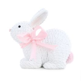 Coelho Decorativo De Resina Deitado Com Laço Branco / Rosa (Cute Family)