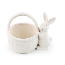 Cesta Decorativa Com Coelho Cor Branco (Cerâmica Clássica)