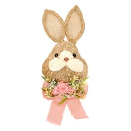 Enfeite Pendurar Cabeça De Coelho Com Flores Cor Marrom/Rosa (Cabeça De Coelho)