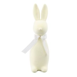Coelho Decorativo Flocado Com Laço Cor Branco (Flocked)
