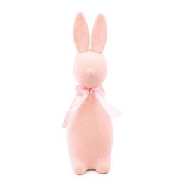 Coelho Decorativo Flocado Com Laço Cor Rosa (Flocked)