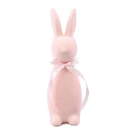 Coelho Decorativo Flocado Com Laço Cor Rosa (Flocked)