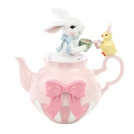 Coelho No Bule Resina Em Resina Rosa (Tea Party)