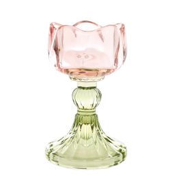Castiçal Flor Em Vidro Rosa / Verde (Velas)